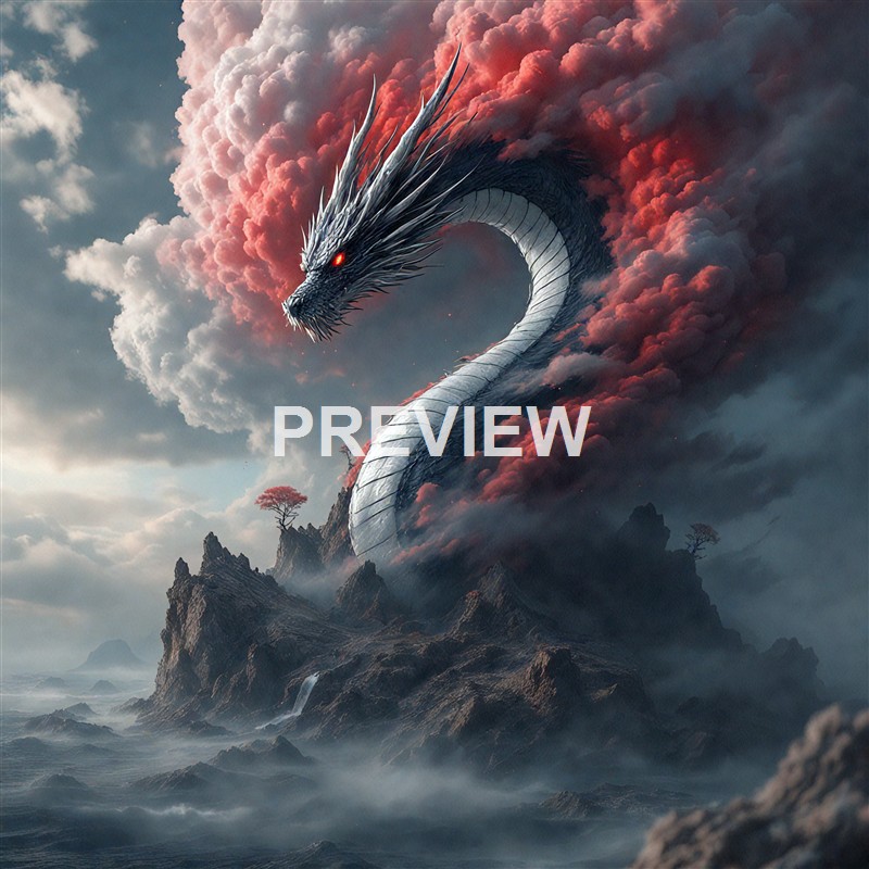 A massive, fierce-looking dragon with dark, spiked scales and glowing red eyes emerging from swirling red and gray clouds over a rugged mountainous landscape.